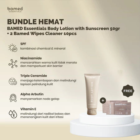 [BUY 1 GET 2] Buy 1 Bamed Essentials Body Lotion With Sunscreen 50 gr Get 2 FREE Bamed Essentials Wipes All Purpose Cleaner Wipes 10 sheet